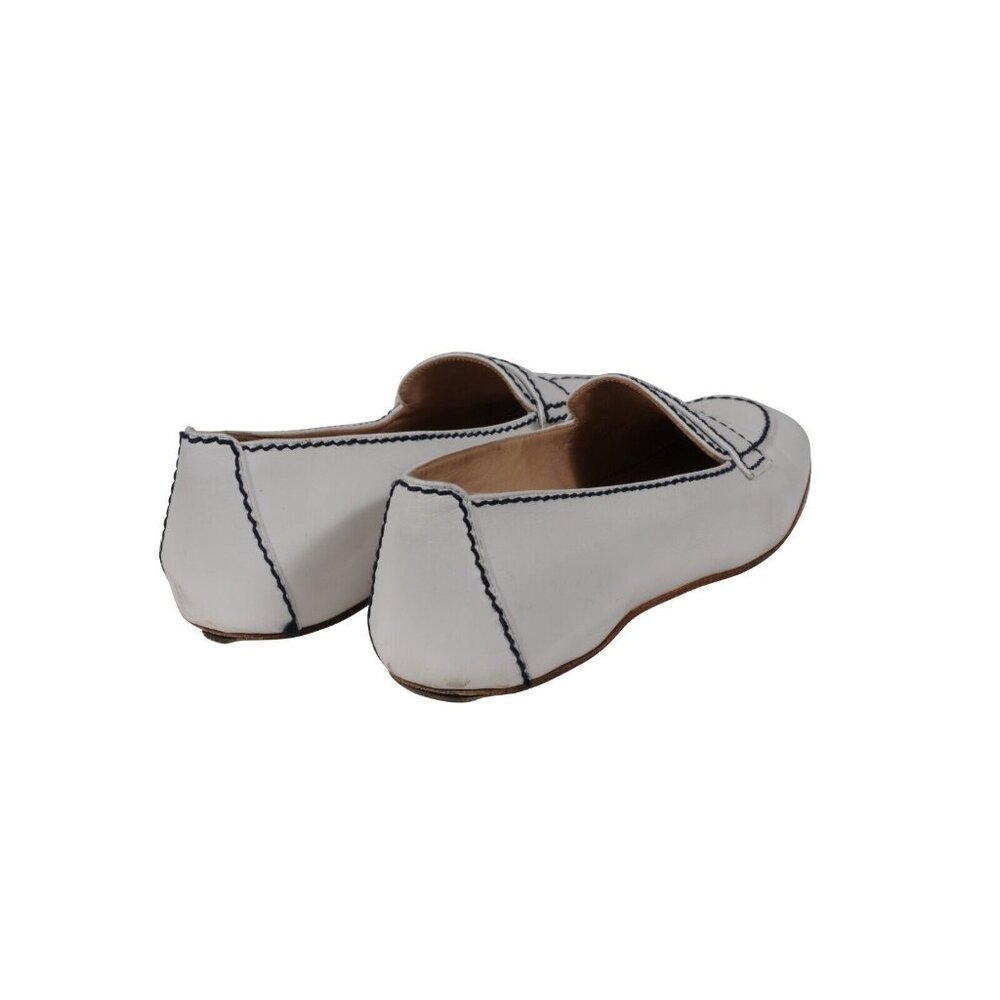 Chanel Womens CC Logo Flats US 7.5 EU 37.5 White Leather Blue Stitching - Picture 7 of 11